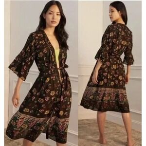 Anthropologie Pintuck Robe Wrap Dress Floral Kimono Black Multi Bell Sleeve XS